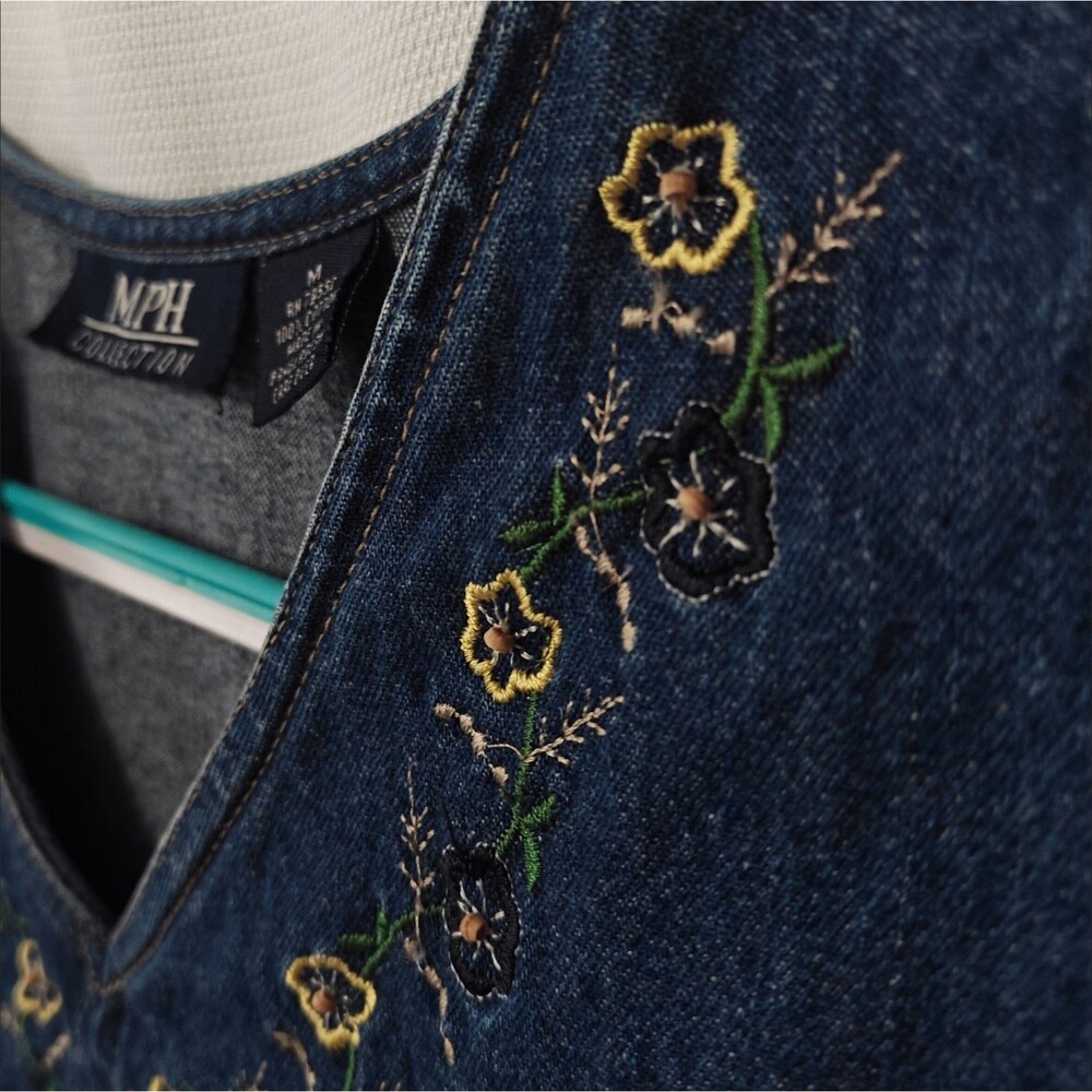 Vintage Denim Jumper Dress M Medium Embroidered Floral Modest Boxy 90s MPH Jean - Picture 6 of 9